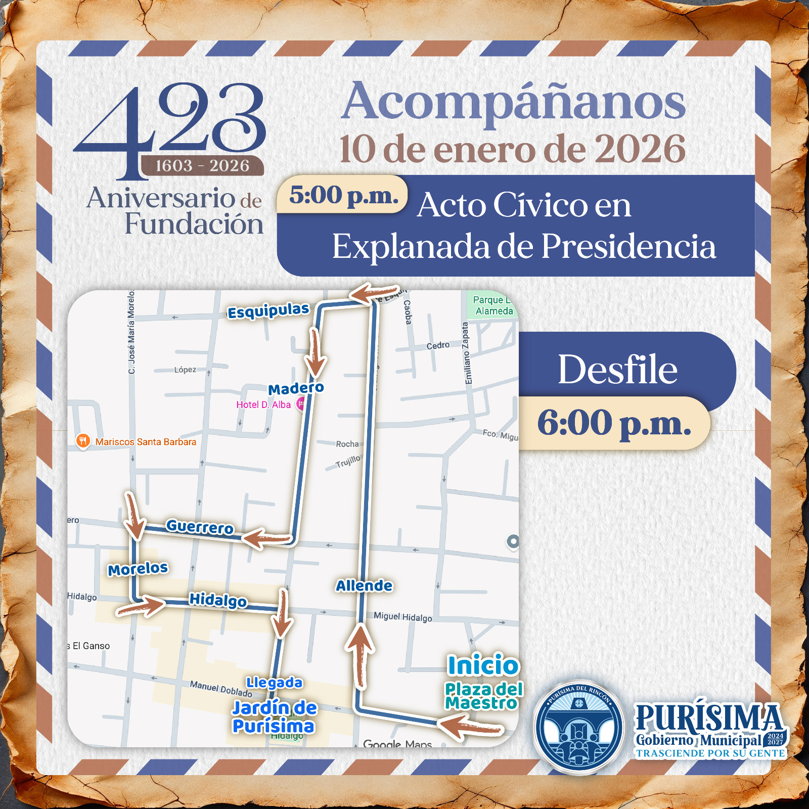 Purísima invita a celebrar su 423 Aniversario de Fundación  el 10 de enero